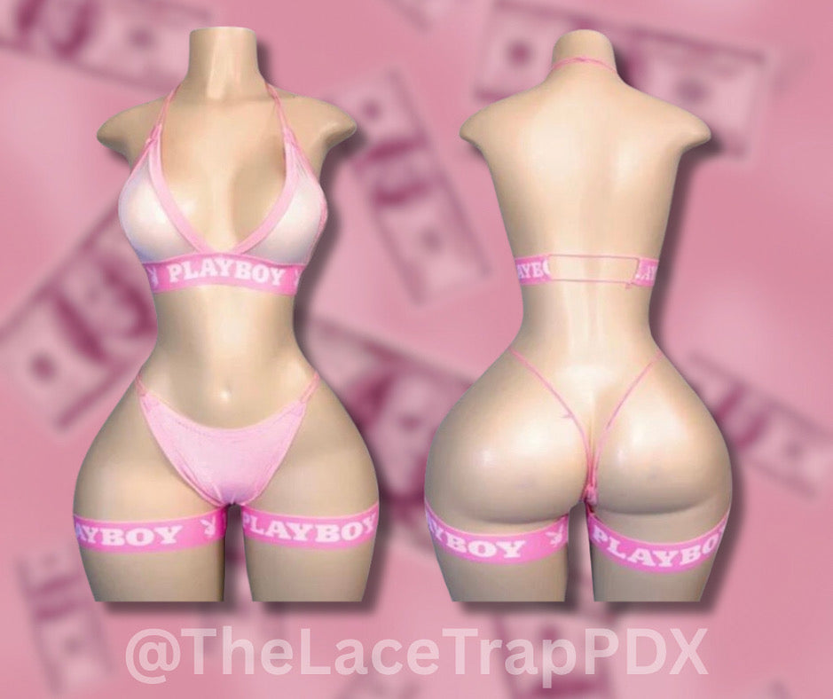 pink and sheer two piece lingerie dance wear set with leg garters on pink money background