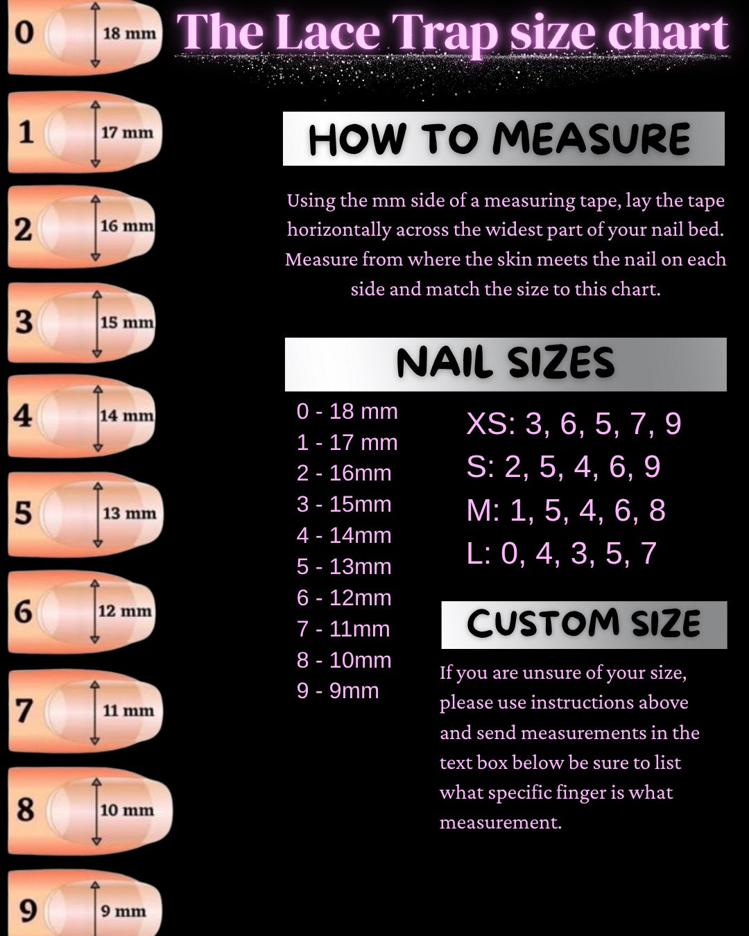 Nail size chart pink and black with sparkle