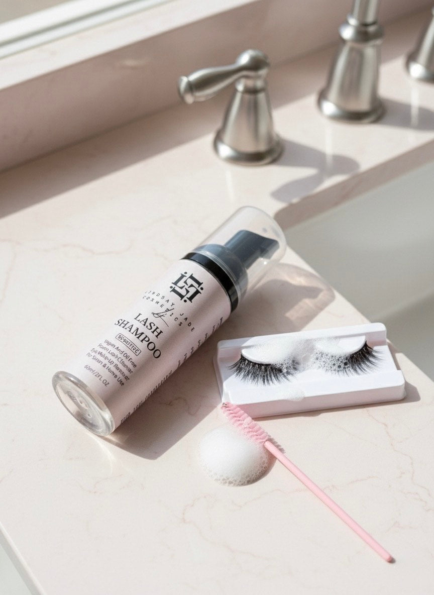 Lash shampoo bottle, false eyelashes, and applicator on a bathroom counter.