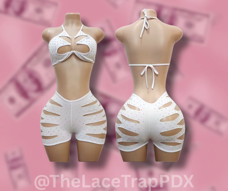 White dancer wear lingerie set on mannequins with a pink background