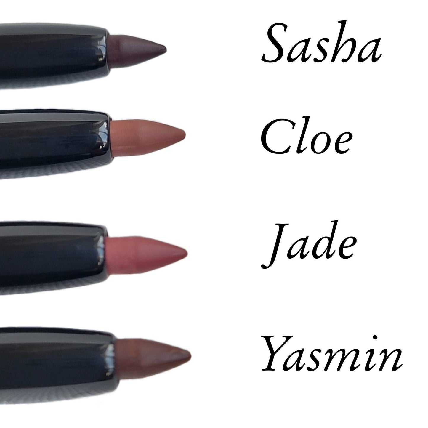 Four lipsticks with shades labeled 'Sasha', 'Cloe', 'Jade', and 'Yasmin' on a white background.