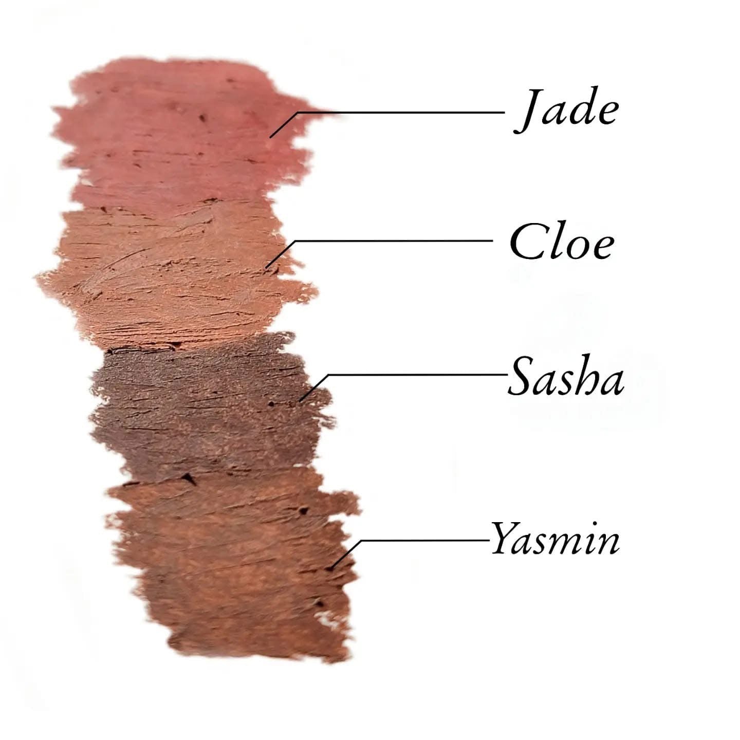 Color swatch with labels 'Jade', 'Cloe', 'Sasha', and 'Yasmin' on a white background