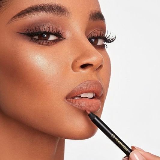 Woman applying lip liner with a makeup pencil on a neutral background