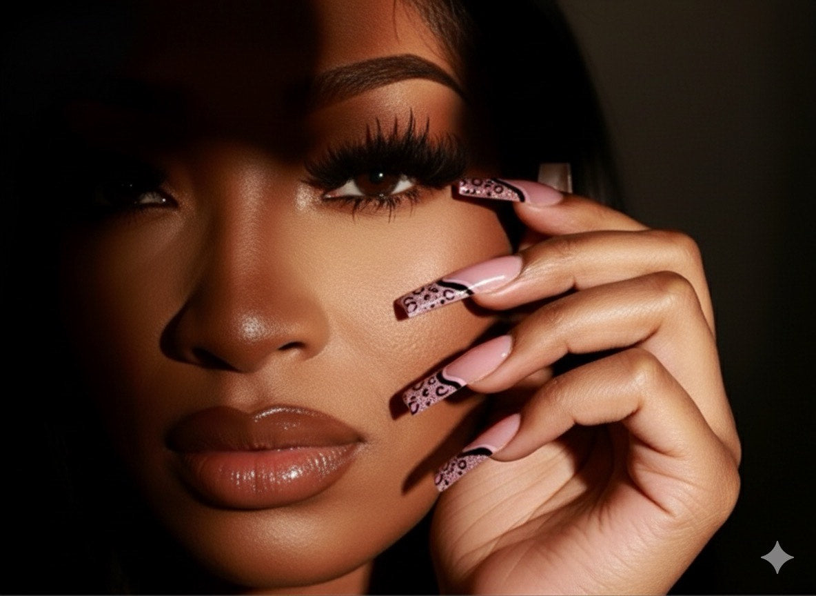 Close-up of a woman's face with decorative false nails against a dark background